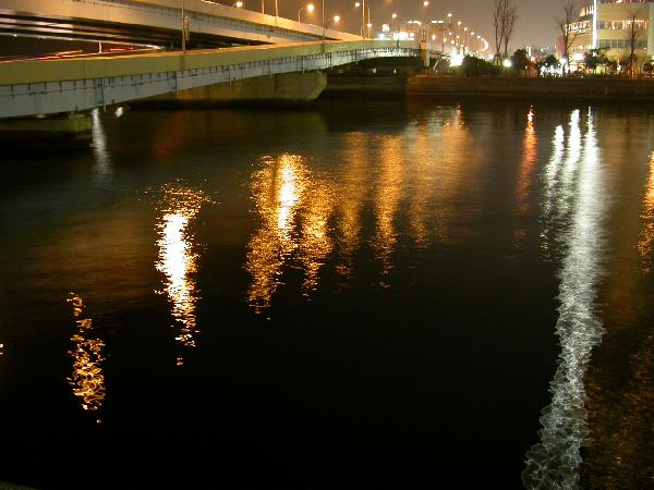 川面に揺れる百道ランプの外灯