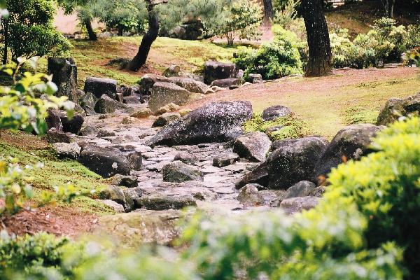 新緑の庭園の中を流れる石の小川 癒し憩い画像データベース