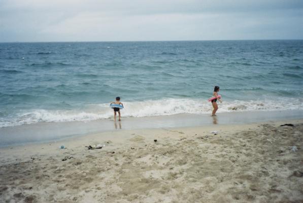夏の海岸で波と戯れる子供たち