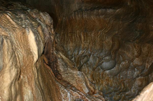 千仏鍾乳洞の水流による溶蝕でできた地下川の跡