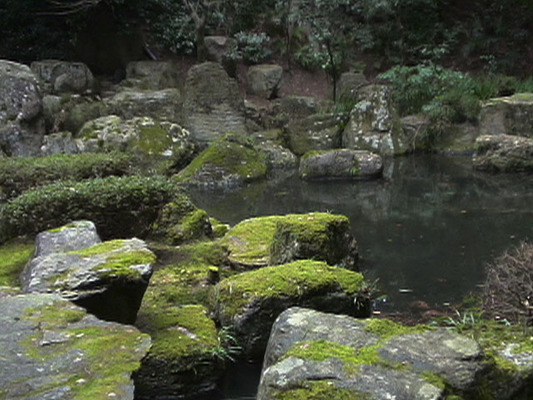 瀧谷寺の龍泉庭、苔むす岩