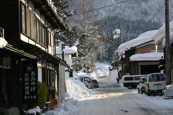 雪で覆われた山間の町並み
