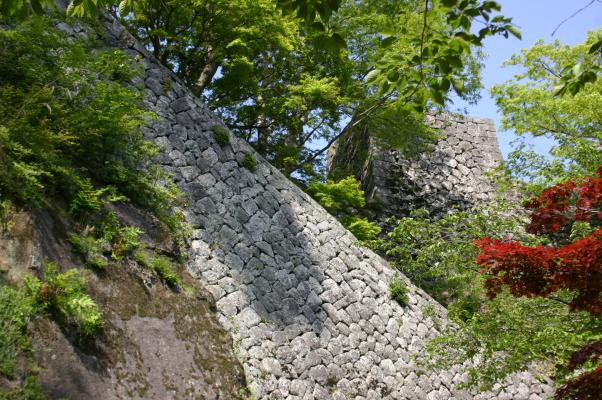 岡城趾の岩盤と石垣の境