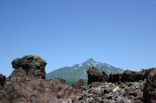 海岸の溶岩と雪渓が残る利尻富士