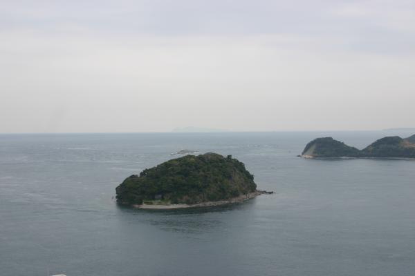 平戸城の天守閣から見た「天然記念物原始林：黒子島」