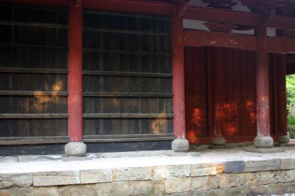 多久聖廟の板壁を照らす木漏れ日