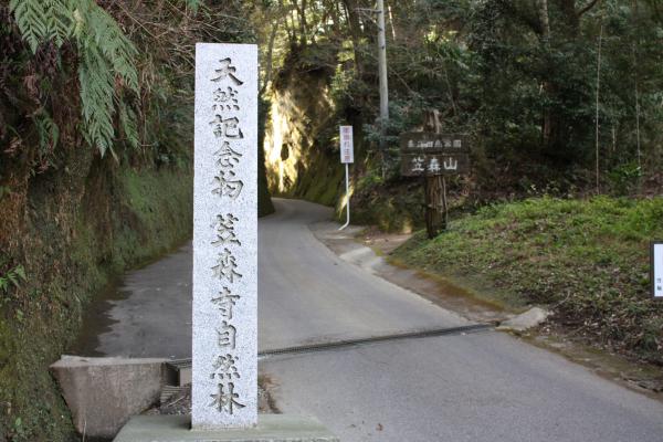 笠森寺自然林（天然記念物）の標識と坂道の参道