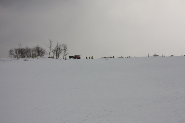 積雪の鳥取砂丘と馬車遠景