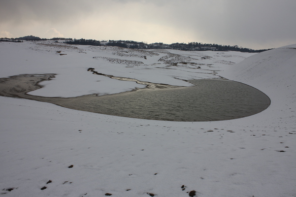 積雪の鳥取砂丘「馬の背」から見た”オアシス”
