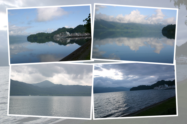 夏の十和田湖と湖畔の遠景