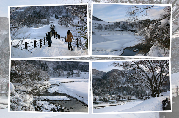 白川郷の「庄川」と「であい橋」の冬景色