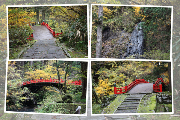 秋の朱塗「神橋」と滝