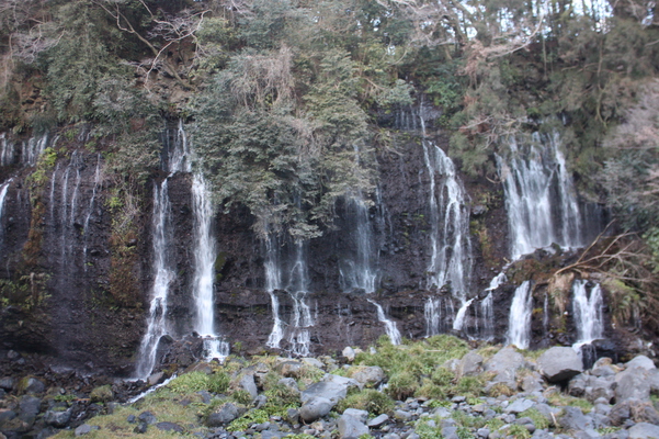 冬の「白糸の滝」の「岩間から落ちる滝筋群」