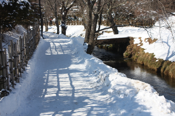 竹垣と雪道と小川
