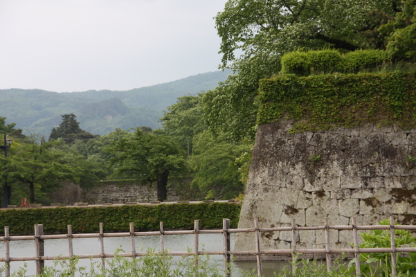 新緑の会津若松城（鶴ヶ城）の石垣と濠