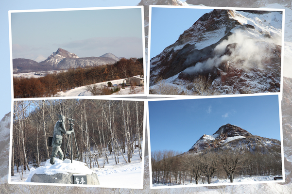 積雪の「昭和新山」と「三松正夫氏像」