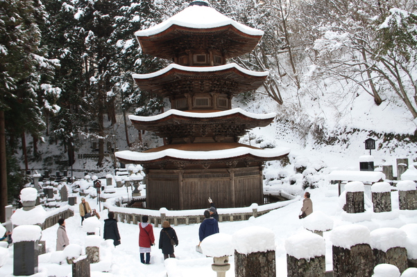 積雪の安楽寺国宝「八角三重塔」