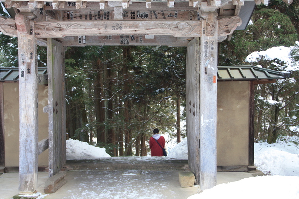 積雪の別所温泉「安楽寺」の山門