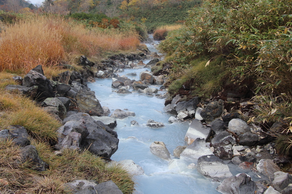 秋の玉川温泉地を流れる濁った水流
