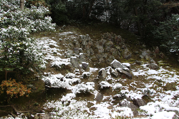 京都・銀閣寺「雪の常緑樹と石組みの庭」