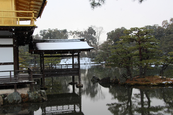 雪の京都・金閣寺「鏡湖池」と「舎利殿（金閣）」