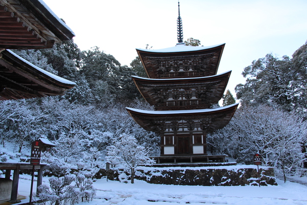 雪の湖東・西明寺「三重塔」