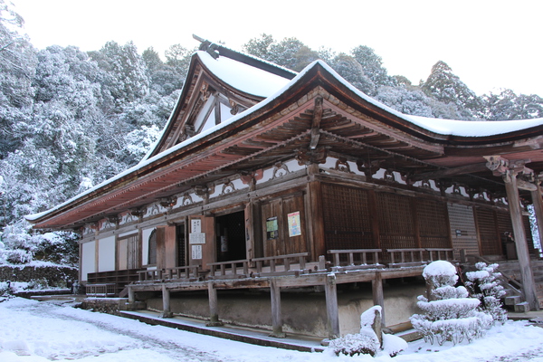 雪の湖東・西明寺「本堂と森」