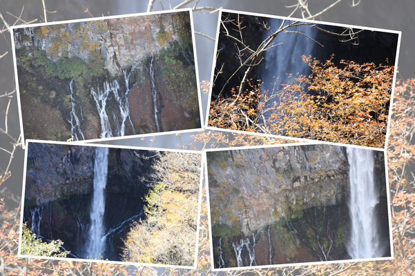 晩秋の奥日光「華厳の滝」近景と「岩壁からの伏流の滝」