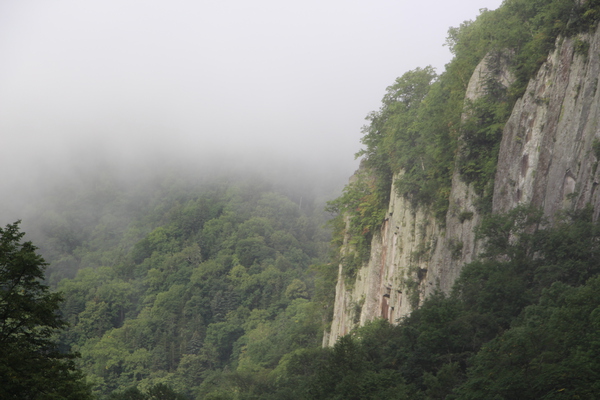 朝霧が湧く夏の天人峡と岩壁