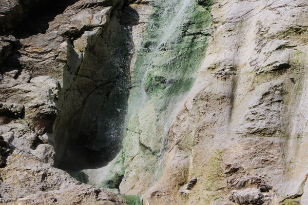 温泉が落ちる岩場と緑の苔