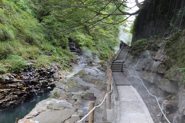 夏緑の小安峡・大噴湯「岩壁からの湯煙と遊歩道」