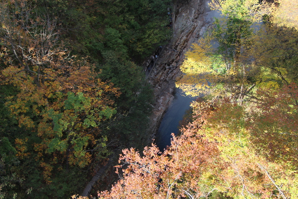 河原湯橋から見た「秋の小安峡と橋の影」