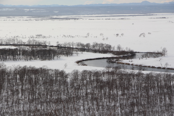 積雪の釧路湿原と蛇行する川