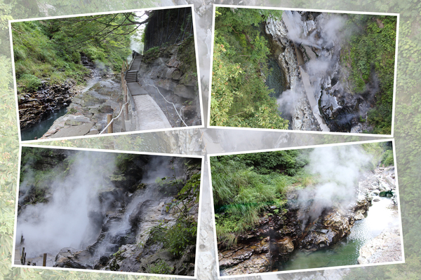 夏の小安峡「遊歩道と湯煙の岩場」