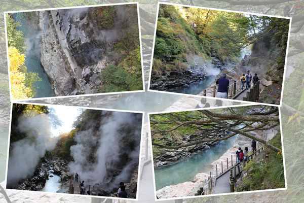 秋の小安峡「遊歩道と岩盤からの噴泉群」