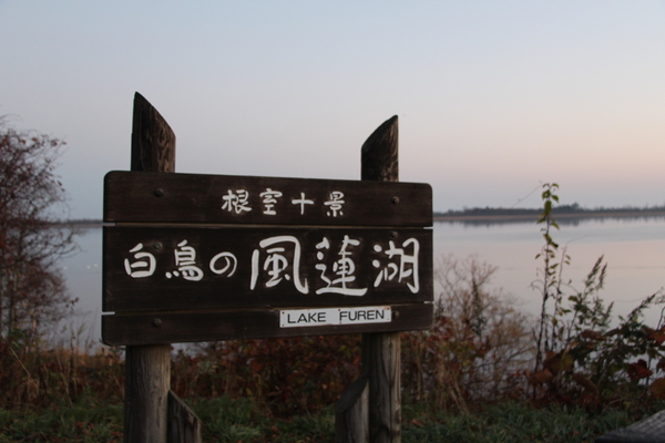秋の道東「早朝の風蓮湖」標識