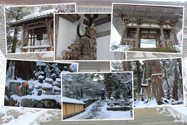 冬・積雪期の西明寺「参道、二天門、千年杉、鐘楼」/癒し憩い画像データベース