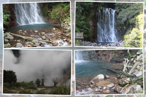 温泉が流れる「丸尾の滝と近くの湯煙」