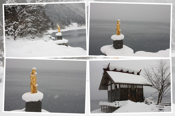 積雪期の田沢湖「たつこ像と浮木神社」