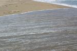 鳥取砂丘、砂の小さな丘を越えて押し寄せる海水の帯
