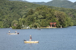 初夏の野尻湖「緑葉期の湖畔と神社の鳥居」