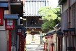 赤い灯籠が並ぶ「弁天参道」と「大蓮寺山門」