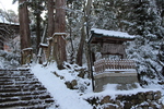 雪の西明寺「石段と夫婦杉（千年杉）」