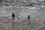 夏の錦帯橋「錦川で遊ぶ家族」