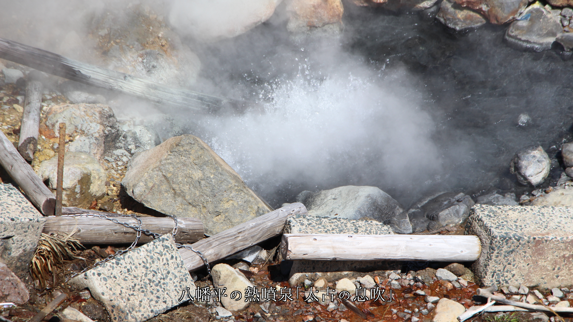 熱い噴泉は吠えるように　沸騰する熱水を巻き上げ　勇気を出せと言う