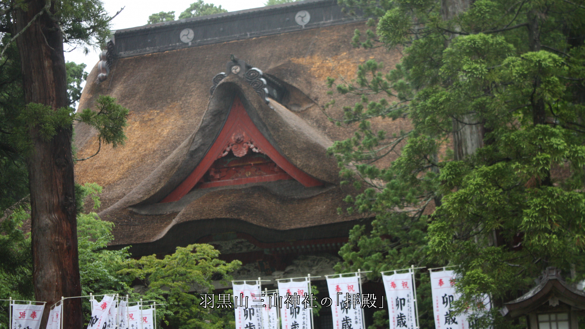 神社の茅葺き屋根  随神門、楼門、拝殿、神楽殿、 それぞれの役目で護っている