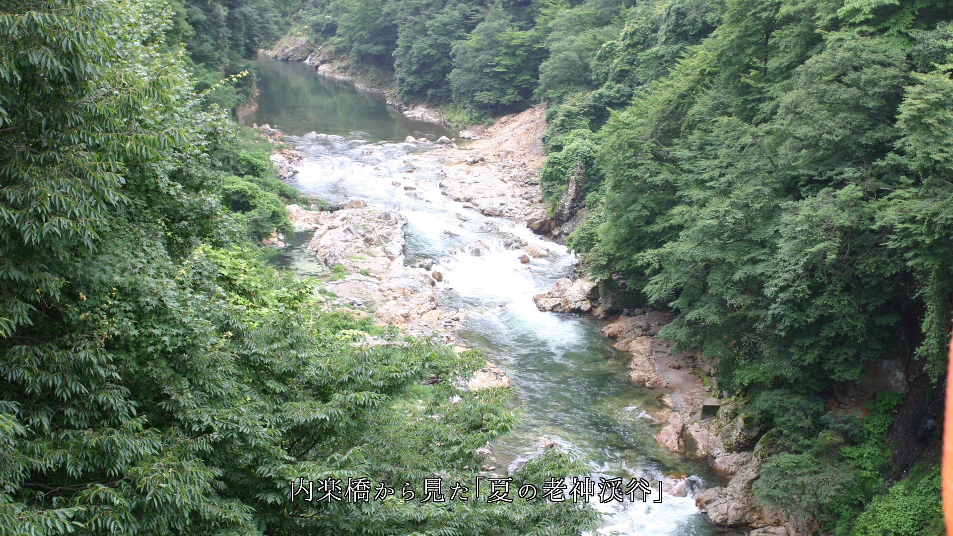 高い橋から見た　峡谷の渓流や滝　森も自然の美しさを引き立てている　　